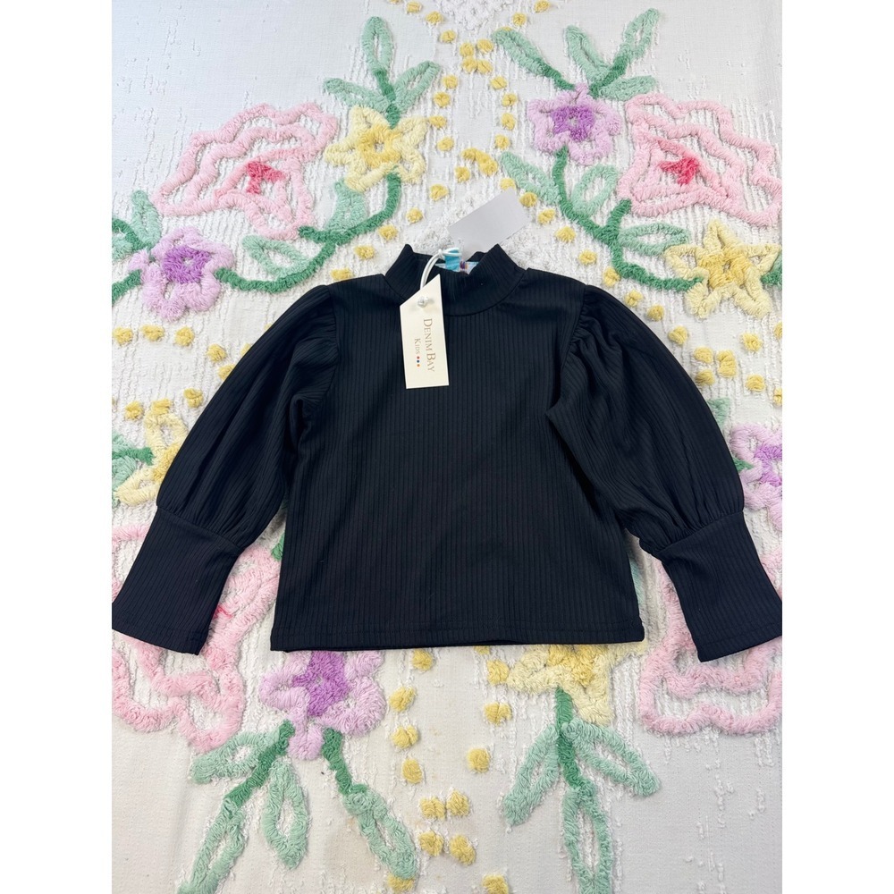 Denim‎ Bay Kids Black Ribbed Mock Neck Puff Sleeve Top Shirt Size 2T NWT